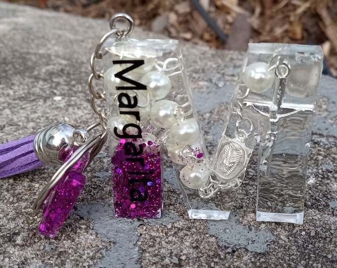 Personalized Resin Letter Keychain: Handmade Rosary Initial Keyring