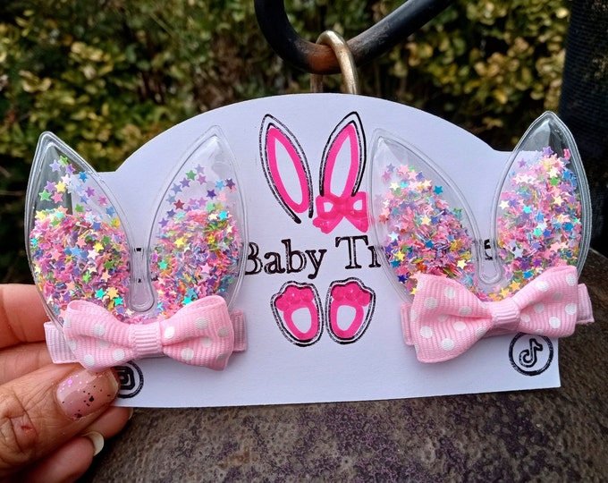 Sparkle Pink Stars Bunny Ears Hair Bow,Easter Pink Sparkle,Hair,Toddler Costume & Dress Up Accessories,Bunny Ears Glitter Mix Colors Bow