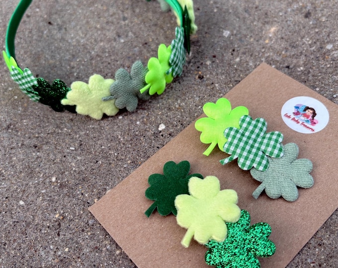 St. Patrick's Day Clover Headband and Hair Clips Set – Green Shamrock Accessories