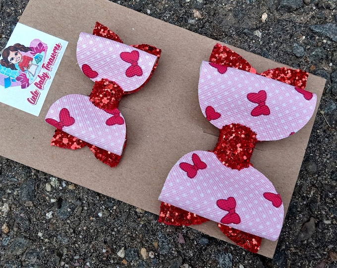 Handmade Glitter Pigtail Bows: Pink & Red Confetti Hair Clips