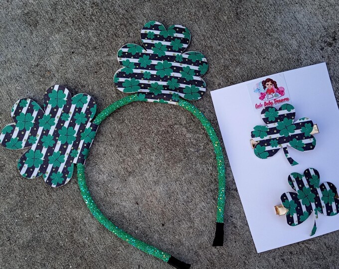 St. Patrick's Day Sparkly Ears Headband or Alligator Clip Set of 2-Baby fringe Girls Three Leaf Clover Stud-Green,Gold-Hairpin Faux-Holiday
