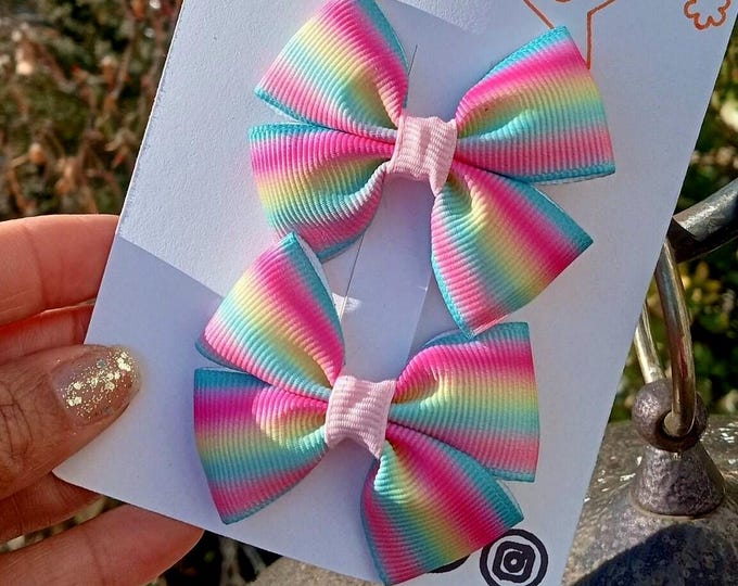 Set of 2 Handmade Pastel Rainbow Hair Bows: Baby Girl Alligator Clips