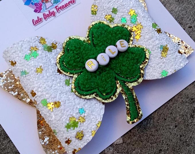 Name Large My First St Patrick’s Day Green Hair bow-Personalized Pinch Proof-Shamrock-Outfit-Shaker-Gold Glitter Baby Headband-Leaf Gold-