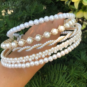 Wedding Headband-Hair Accessories Pearl-Pearls Beaded Vintage- Hen Bridal Party Headband-Gift Mom and Me-Women&#39;s Pearls Headbands