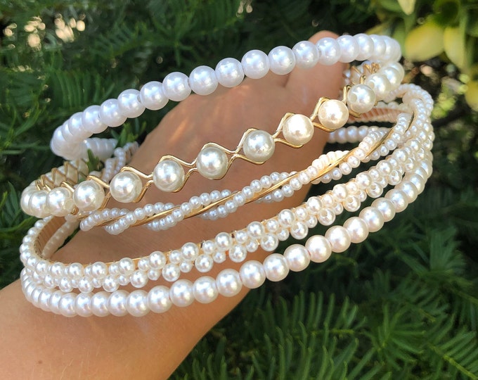 Wedding Headband-Hair Accessories Pearl-Pearls Beaded Vintage- Hen Bridal Party Headband-Gift Mom and Me-Women's Pearls Headbands