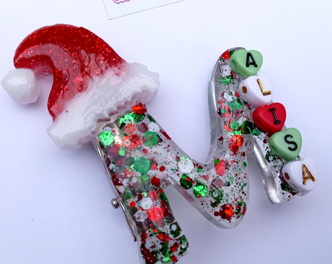 Unique Santa Hat Name-Initial Letter Keychain-Holiday Festive Glitter Letter Resin Hair Clip/Custom Keyring/Christmas Holiday Gift-