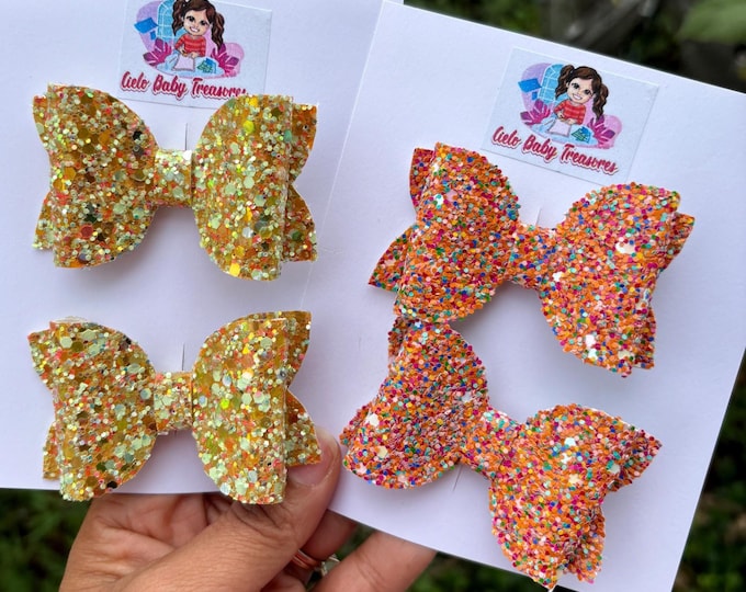 Glitter Pigtail Hair Bows: Handmade Orange Autumn Bow Set