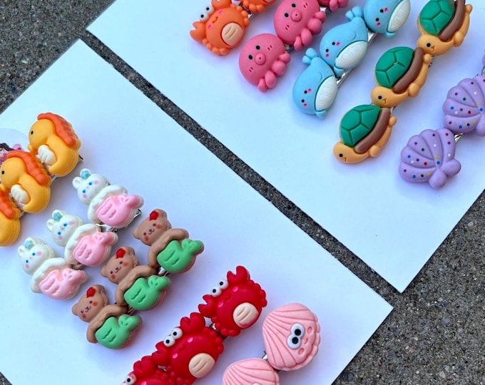 Ocean Resin Hair Clip Set: Dainty Sea Creature Resin Barrette- Red Crabs, Orange Crabs, Pink Seashells, Pink Octopuses, Blue Whales