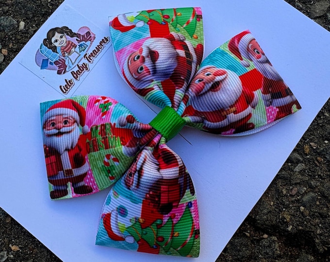 Christmas Santa Grosgrain Hair Bow -Red, White and Green-Holiday Bow for Girls