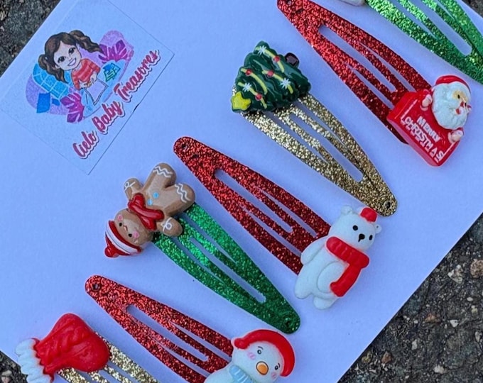 Set of 2 Small Glitter Snap Clips-Glitter Christmas Bear-Bells-Gloves -Gifts-Angels-Christmas-Candy-Hat-House-Santa-Tree-Snowman-Reindeer