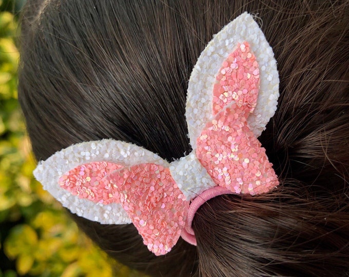 Set of 2 Bunny Ears Small or Large Elastic Hair Bows,Easter Glitter White and Pink,Yellow and Green,Double Stacked Bows Sparkle