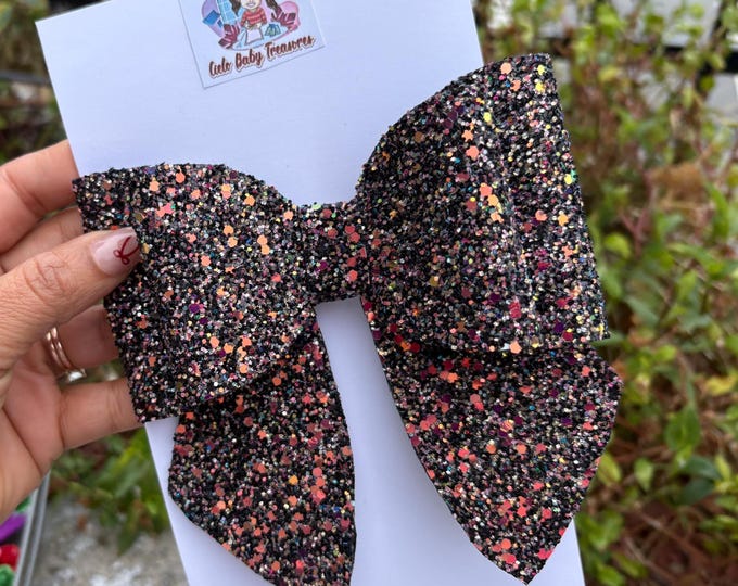 Small or Large Black Glitter Hair Bow Handmade Confetti -Toddler Girl or MoM-Autumn-Holyday