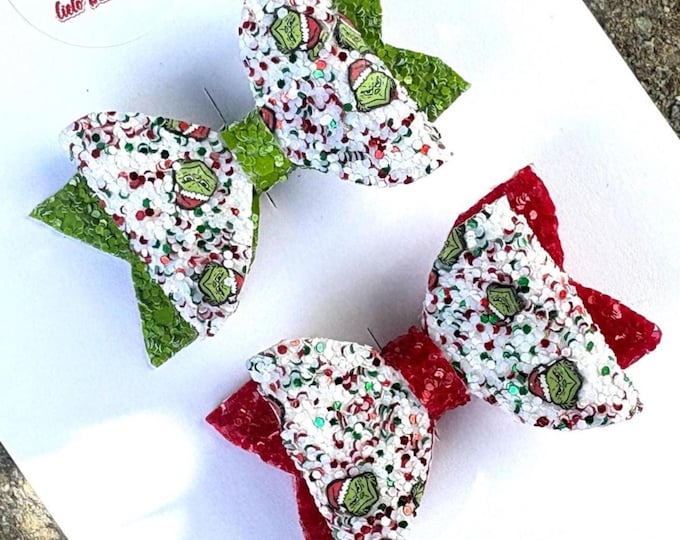 Grinch Christmas Pigtail Bows: Glitter Canvas Alligator Clip Hair Bow
