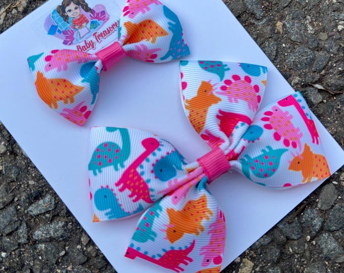 Small or Large Dinosaur Hair Clip Set: Pink, Orange & Blue Bows - Stegosaurus Dino Party