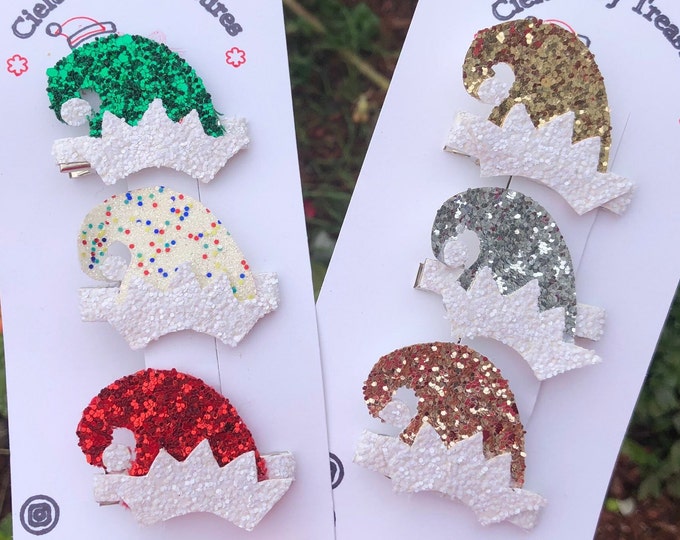 Glitter Elf Hat Hair Clips - Christmas Pigtail Bows - Set of 3