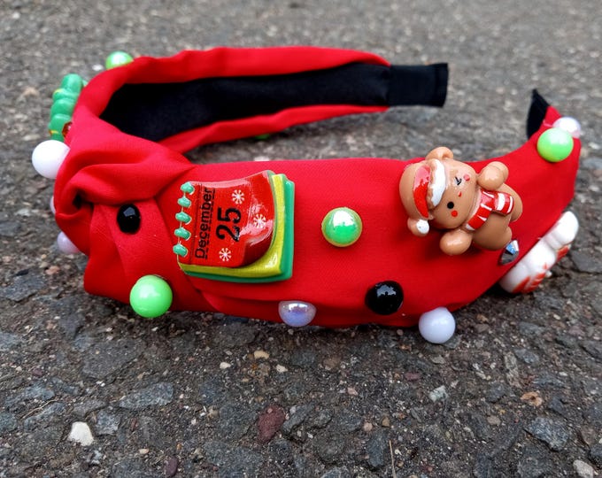 Red Thin knotted headband-Christmas Snowmen-25 December-Tree-Gingerbread-Holiday-Gift-HO HO-Candy-Women or Girls-Santa-Reindeer-