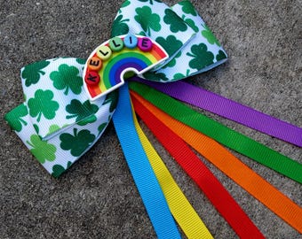 Rainbow Name-Large Hair Bow Personalize St Patrick’s Day-White & Green-All Colors Horsetail-Resin-Leaf Shamrock-Four Leaf Clover Clip