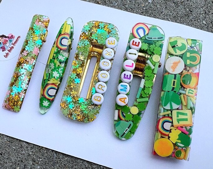 Personalized St. Patrick's Day Resin Hair Clip: Shamrock Rainbow Party Barrette