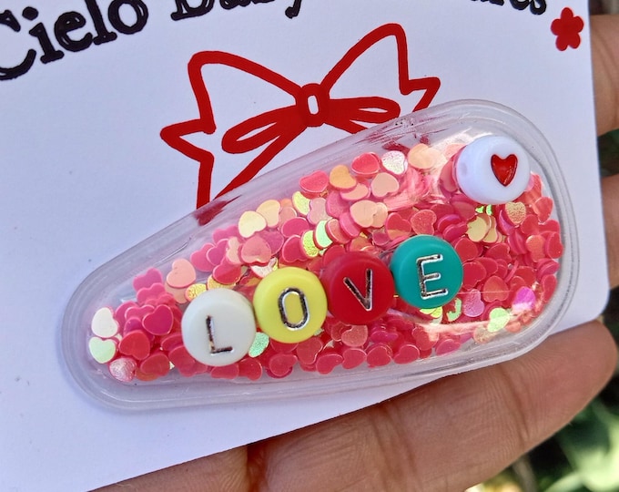Personalized Shaker Hearts Snap Clip, Glitter Confetti Hair Clip