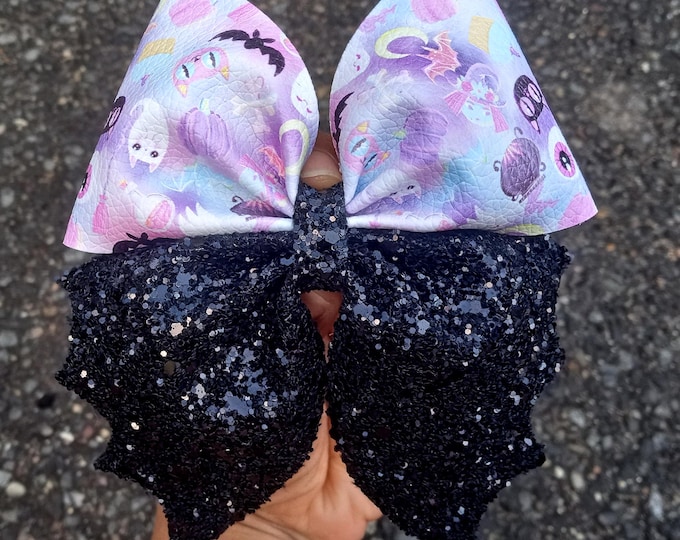 Glitter Bat Hair Bow: Purple & Black Halloween Alligator Clip