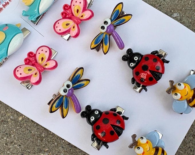 Set of 2 Hair Clips-butterfly-bee-birdie-ladybug-Dragonfly: Baby Girls Acetate Barrette- Summer Hair Accessories