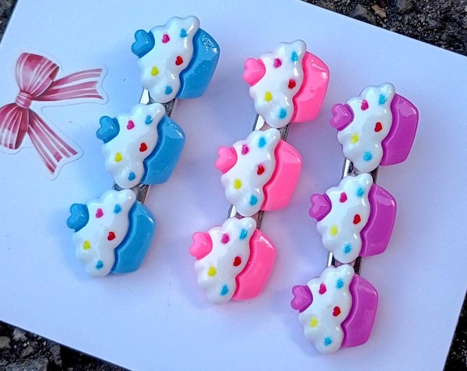 3 Cupcake-Ice Cream Cone Hair Clips: Waffle Sprinkles Alligator Clip, Pink, Blue, Yellow & Purple