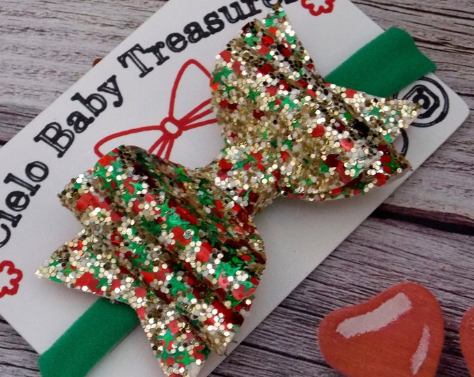 Double Stacked Glitter Christmas Bow: Red, Gold & Green Canvas - Alligator Clip