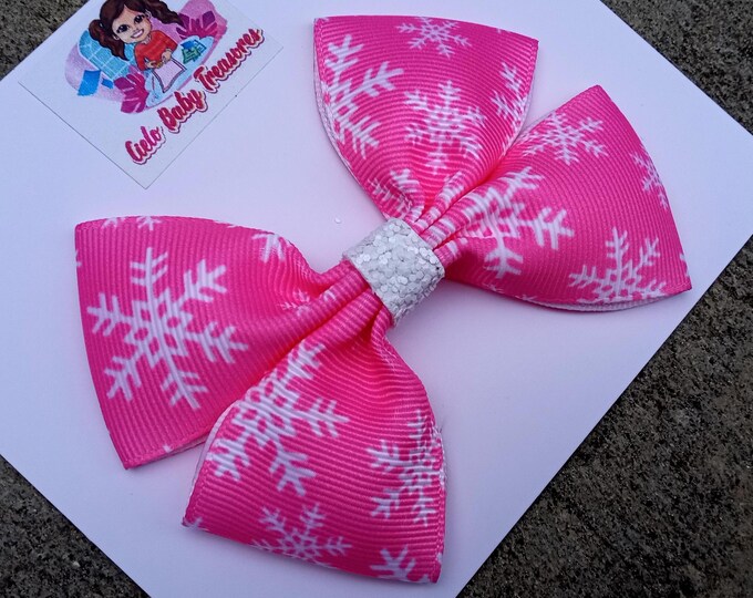 Pink and White-Snowflake hair bows/Christmas Bow Ices/Frozen Snowflake/Winter Glitter Hair Bow/Wonderland Double Stacked Glitter Bow Sparkle