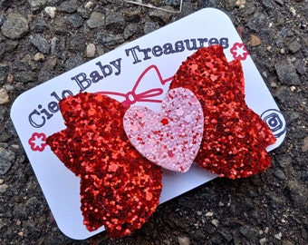 LOVE Red  Bow With Red & Pink Heart-My First Valentine Day Baby Hair Bow-headband-Glitter Chunky Bow-Hair Bow Red Double Stacked Glitter