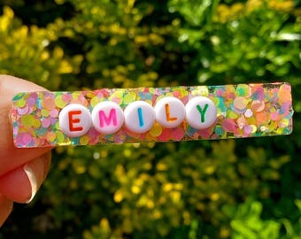 Personalized Sparkly Rainbow-Name Clip Resin-Custom Gift for Girl-Spring Barrette-Clip Birthday-Toddler hair clip big girl-Sister-Birthdays