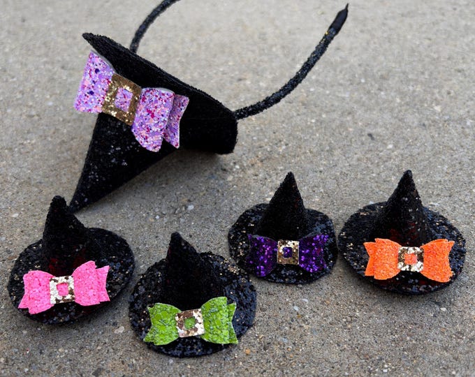 Small or Large Glitter Witch Hat Headband: Halloween Hair Clip, Photography Prop