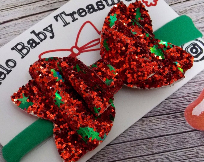 Christmas Tree Hair Bow-Red and Green Bow-My First Christmas Baby Girl-Headband Classic Hair Bow-Toddlers-Double Stacked Glitter Bow-Sparkle