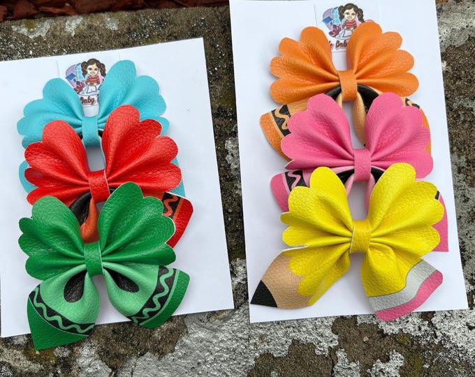 Cute Crayons and Pencil Hair Bows-Fabric bow Girls Pencil Teachers Bow-My First Day Back to School-Big Pencil Pigtail Bow-Girl School Bow