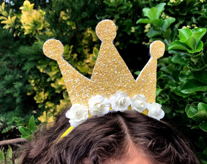 Personalized Girls Birthday Crown Headband With Mulberry Paper flower-First birthday-Glitter headband Blue available Girl-
