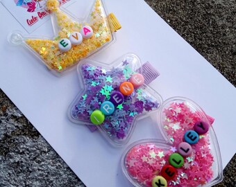 Name Hair Clip-Shaker Transparent Mermaid-Star-Heart-Crown-Butterflied-Wing-Valentine Day Confetti Shaker Summer-Birthday Gift Girl-Colorful