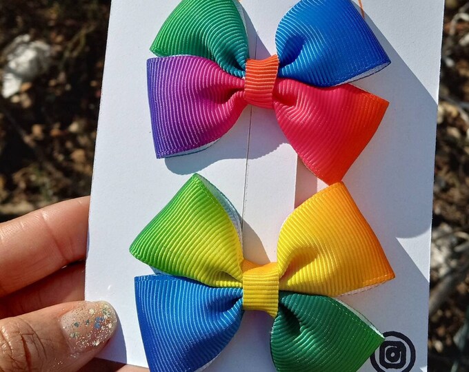 Rainbow Pigtail Bows: Set of 2 Small Ribbon Hair Clips