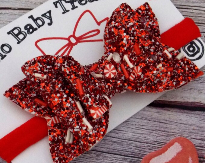 Red Double Stacked Glitter Bow-Candy Cane Hair Bow-Sparkle Elegant Birthday Bow-Candy Present-Classic Hair Bow-Toddlers & Girl-