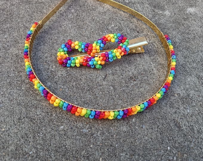 Beaded Rainbow Heart Headband: Confetti Glitter Party Hair Clip