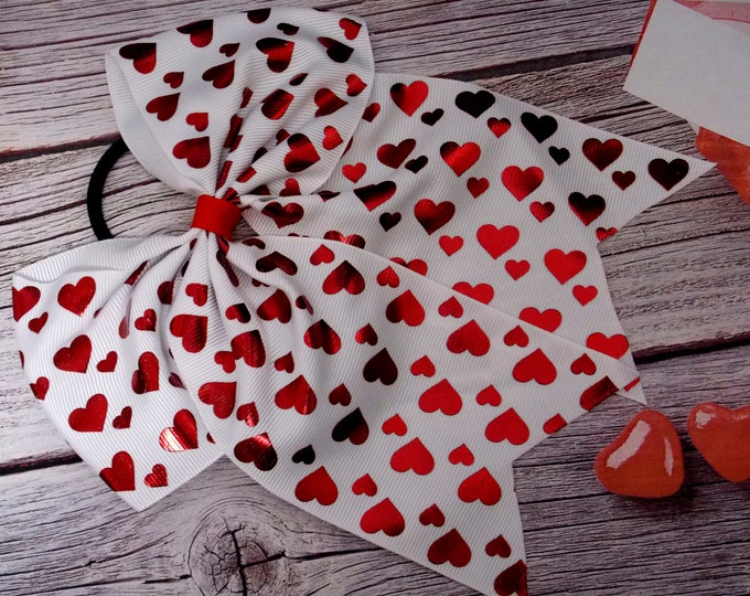 Large Hair Bow Love Valentine's day/White with Red holographic Hearts/Kids Bow Alligator Clip/Girls Ponytail Holder/Grosgrain Ribbon Toddle
