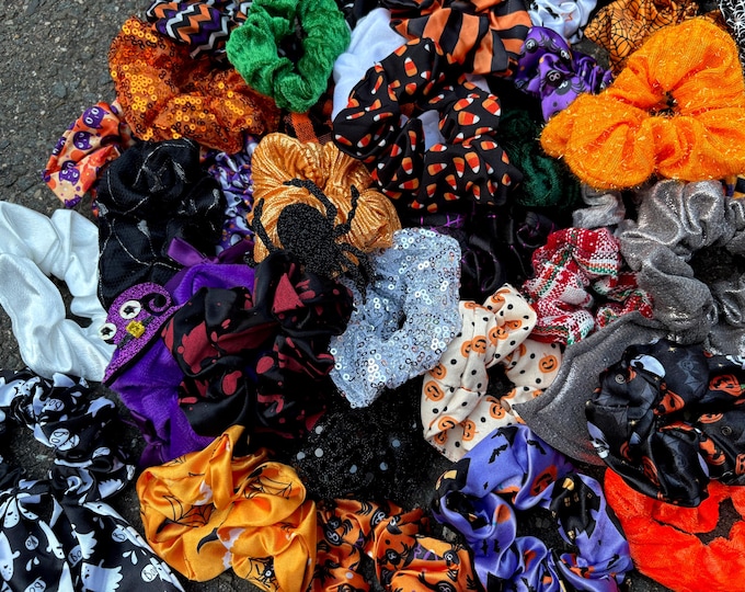 Halloween Mystery Grab Bag Scrunchies-Ponytail-Skull-Bon-Cat-Eyes-Horror gift-Minimalist Bridesmaid proposal-Spooky Ghost-Black-Bat