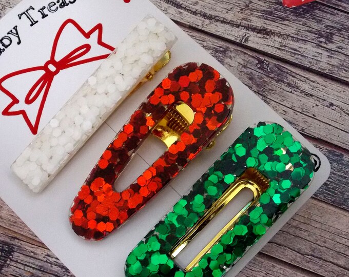 Set of 3 Christmas Glitter Resin Hair Clips/Confetti Hair Accessories Handmade Hair Clip confetti Clip,MOM and ME ClipGreen,White,Red/Clip