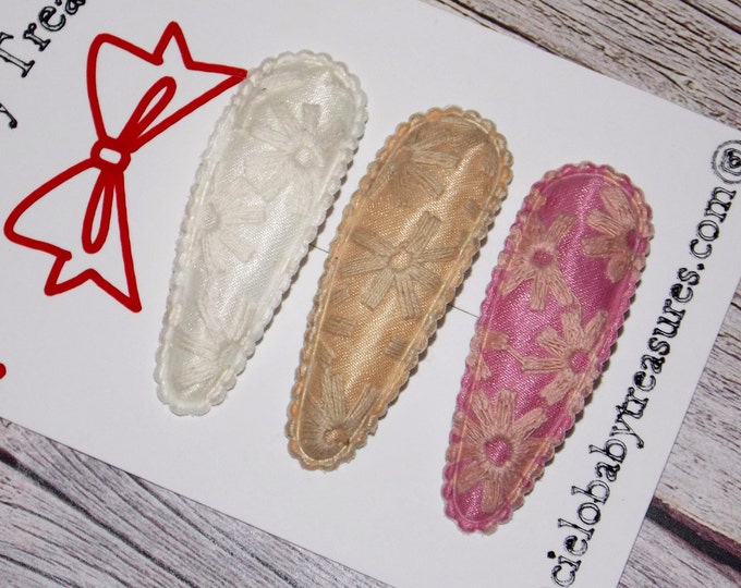 Neutral Floral Snap Clips: Set of 3 Non-Slip Hair Barrettes