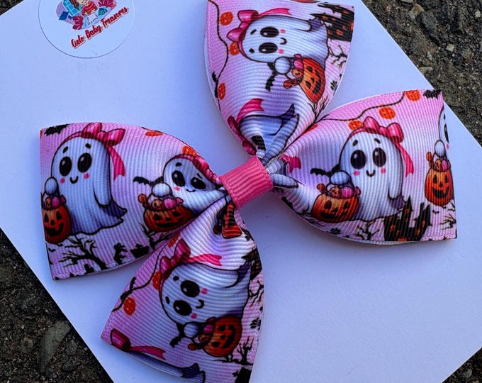 Pink Boo-Her Ghost with Pink and Pumpkin-Halloween Small or Large Bow-Handmade