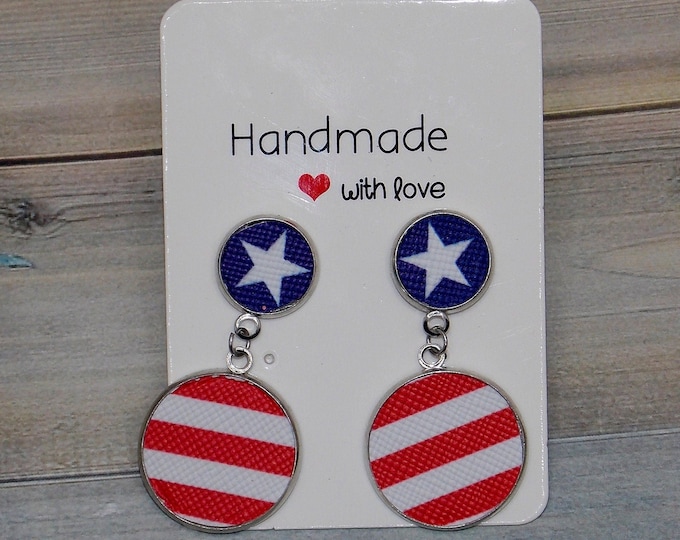 Earrings Circle Patriotic 04th of July-Earrings Stars and Stripes Holiday-Independence Day-Earrings Red,White and Blue-Faux leather Earrings