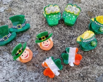 Set of 2 Small Hair Clips-St Patrick’s Day Acetate-Three Leaf Clover Stud Acrylic claw-Gold-Hairpin-Hair Clip Plastic-Resin-Women-Barrette