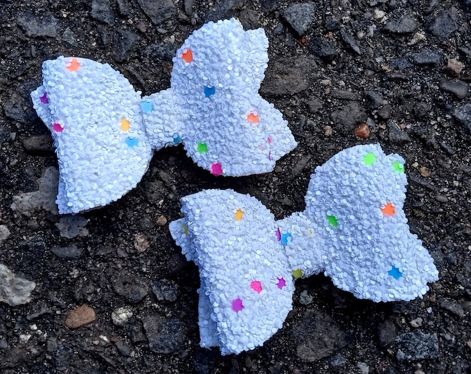 Rainbow Sprinkle Pigtail Bows: White Glitter Hair Clips