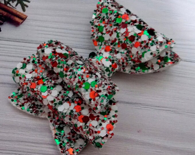 Christmas Glitter Canvas Hair Bow: Red, Green & White Alligator Clip or Headband