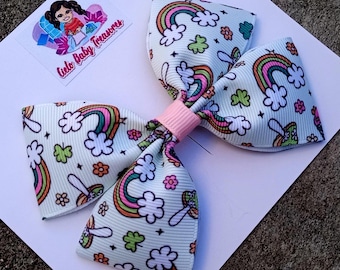 Happy Flowers St Patrick’s Day Hair bow-Rainbow-Pinch Proof-Rainbow Shamrock Bow Outfit-Shaker Hair Bows-Fungus Bow