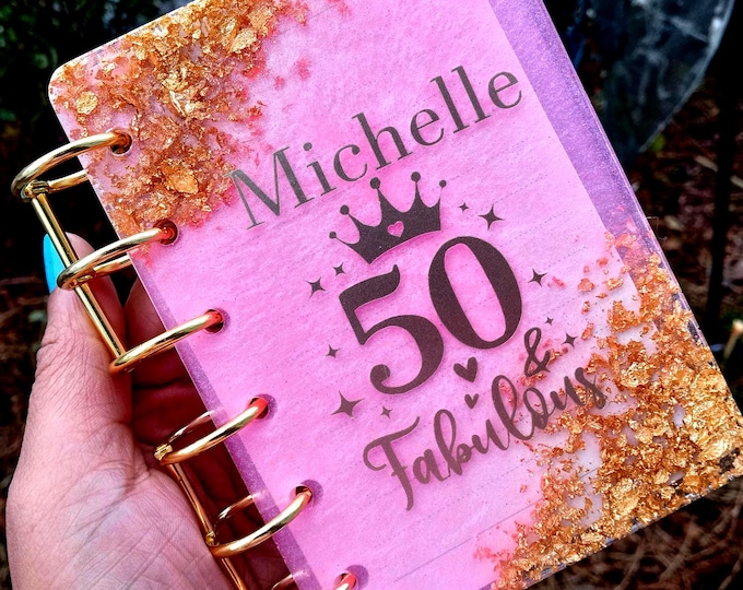 Libreta personalizada de resina con purpurina: rellenable, tamaño A5/A6/A7, hecha a mano.
