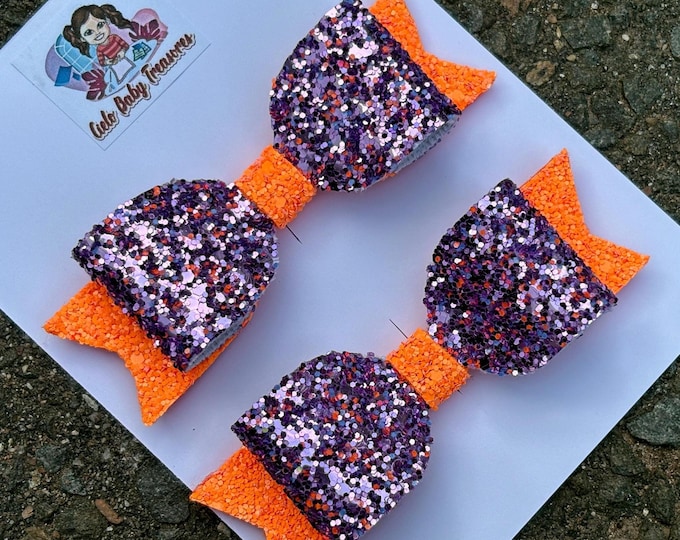 Double Stacked Set of 2-Orange,Black and Purple-Glitter Pigtail Hair Bows